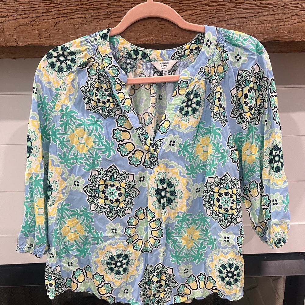 Crown & Ivy Relaxed Blue Green Blouse with Mandarin Collar